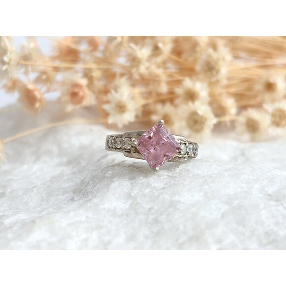 Pink Topaz Multi CZ Gemstone Ornate Shank 925 Sterling SilverVintage Ring - sz 6 - Picture 2 of 12